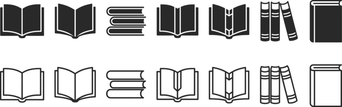 Book Icon Vector Set: Open and Closed Books Silhouettes, Stacked Novels, and Library Outline Symbols