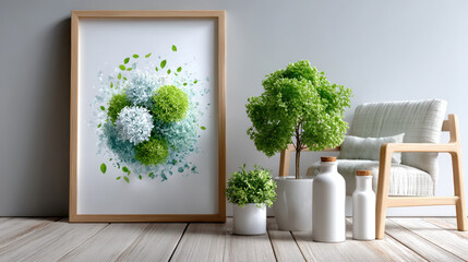 Fototapeta premium Eco framed botanical art print displayed with tabletop plants and ceramic pots for sustainable interior decor, minimalist living room styling and green wellness branding visuals