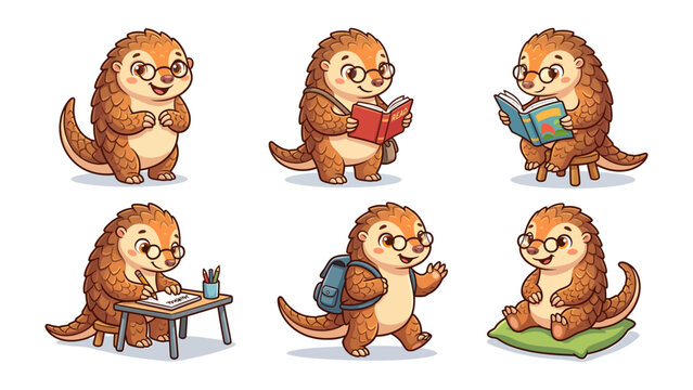 Adorable Pangolin Adventures: Six charming illustrations depict a cute pangolin engaged in various activities like reading, studying, and exploring, showcasing its curious and studious nature.