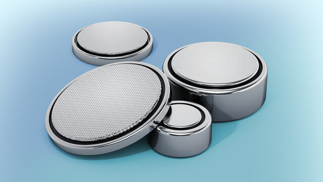 Stack of button cells isolated on blue background. 3D illustration