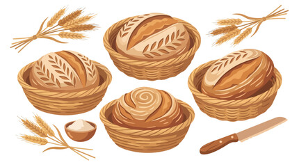 Fototapeta premium Set of artisan sourdough breads in wicker baskets with wheat ears.