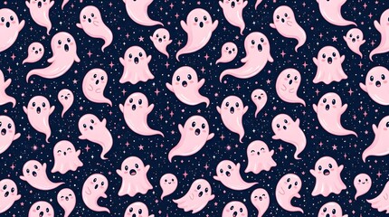 Fototapeta premium Seamless pattern with cute pink ghosts on a dark starry background