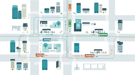 Fototapeta premium Isometric city transportation map illustration with buildings and vehicles.