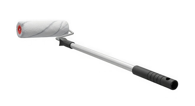 Close-up of a white and black telescopic pole with a foam roller attachment