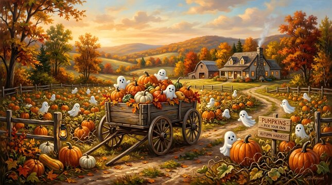 Whimsical autumn pumpkin patch with cute ghosts at sunset