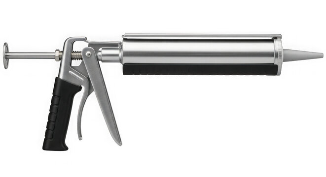 Close-up of a caulking gun with a metallic tube on a white background