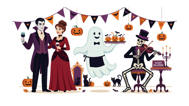 Spooky Halloween Celebration: A ghostly waiter serves drinks to a vampire couple while a skeleton serenades guests with a violin, all under festive Halloween banners.