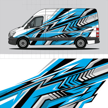 Cyan and black geometric van wrap decal design.