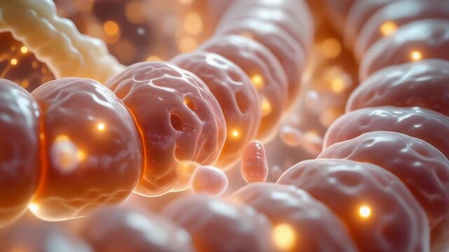 Cinematic macro shot of microscopic cells absorbing glowing nutrients with warm lighting, concept of health, nutrition and biological science.