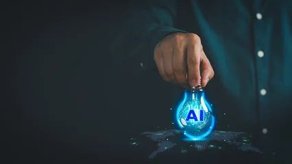 Hand holding glowing lightbulb with AI text and digital world map. Artificial intelligence innovation, global technology network, and future smart business idea concept. © ParinPIX