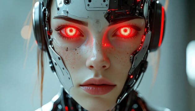 Futuristic cyborg woman with glowing red eyes, close-up portrait, mechanical details