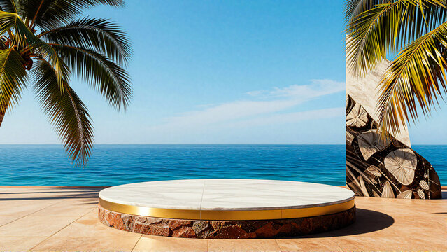 Luxury product pedestal on wooden deck overlooking a serene tropical sea