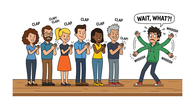 Clapping Crowd, Confused Individual: A group of diverse people stand in a line, clapping enthusiastically, while a young man with multiple arms recoils in disbelief, questioning the situation.