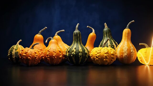 Colorful assortment of decorative gourds arranged in a row, showcasing various shapes and textures against a dark background with subtle lighting effects enhancing visual appeal