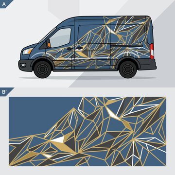 Gold wireframe low poly pattern for dark grey van.