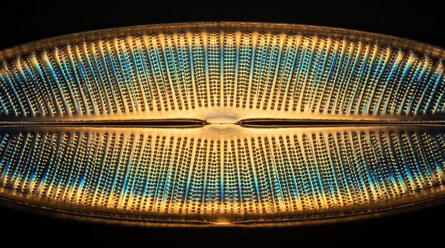 Microscopic view of a glowing diatom shell showing intricate symmetrical patterns