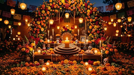 Fototapeta premium Vibrant halloween day of the dead altar decor with marigolds candles and lanterns for spooky festivities