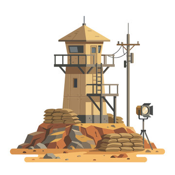 Desert Watchtower with Sandbags and Spotlight - Military Outpost Illustration