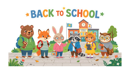 Fototapeta premium Back to School Animals: A delightful group of anthropomorphic animals, including a bear, fox, rabbit, raccoon, cat, and owl, stand together on a sidewalk in front of a school building.