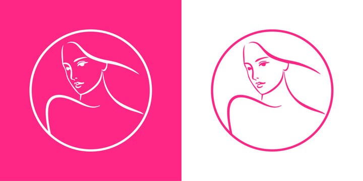 Logotipo de sal&oacute;n de belleza. Dibujo sencillo con l&iacute;neas de la cabeza de una mujer desnuda con la cabeza ladeada, con peinado con ondas en un marco circular en rosa y blanco 