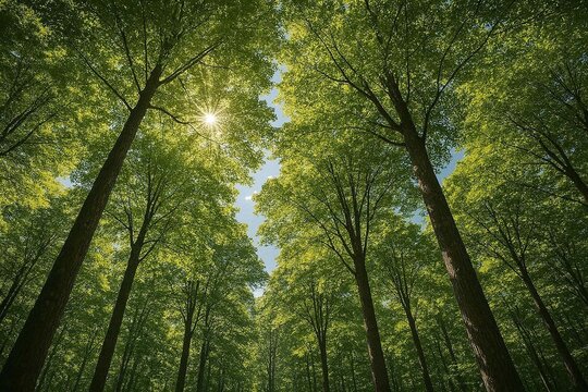 Looking up at the green tops of trees