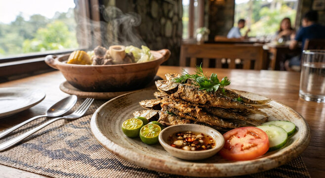 Crispy fried fish with calamansi and dipping sauce served beside steaming bulalo