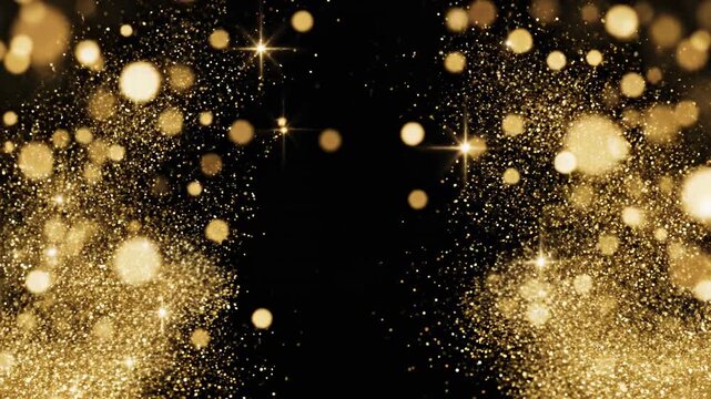 Golden glitter particles swirl and sparkle against a black background, creating a mesmerizing visual effect that flows continuously across the frames of the video