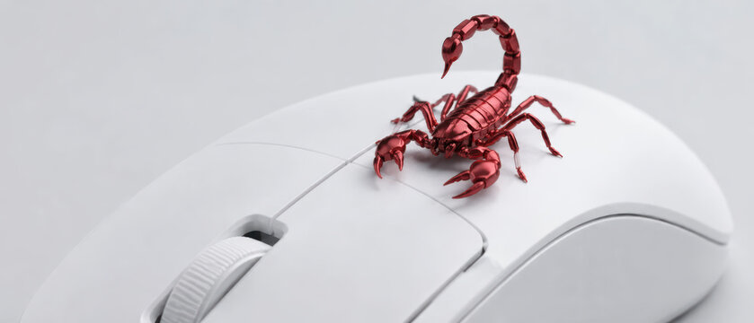 Cybersecurity threats concept with red scorpion on white computer mouse symbolizing danger and risk in digital environment