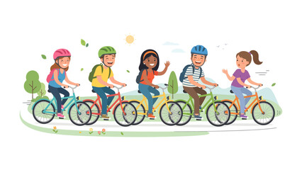 Naklejka premium Happy Children Cycling Outdoors: A group of diverse children wearing helmets ride their bicycles side-by-side through a sunny park, enjoying a fun outdoor activity and connecting with nature.
