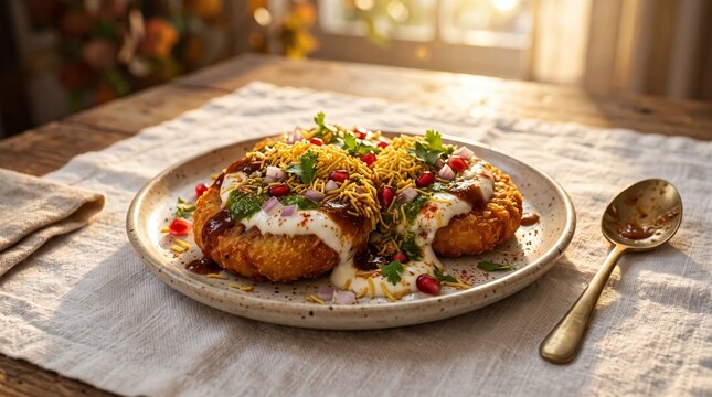 Two large, crispy potato patties bathed in creamy yogurt and dual-colored sweet and spicy chutneys. The traditional Aloo Tikki Chaat is topped with fresh herbs and vibrant red pomegranate.
