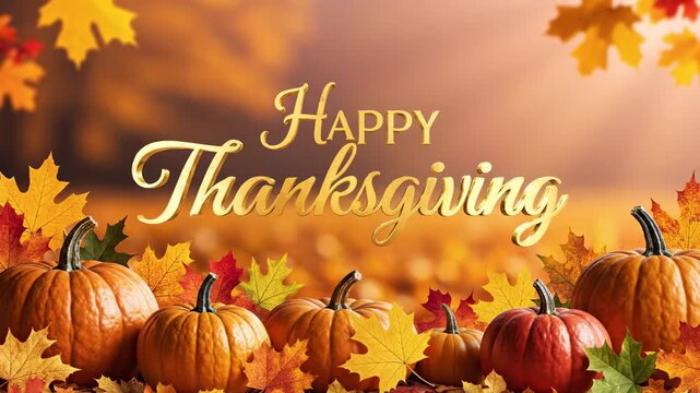 Happy Thanksgiving greeting with golden text surrounded by pumpkins and autumn leaves in a warm, inviting setting, creating a festive atmosphere for the holiday celebration