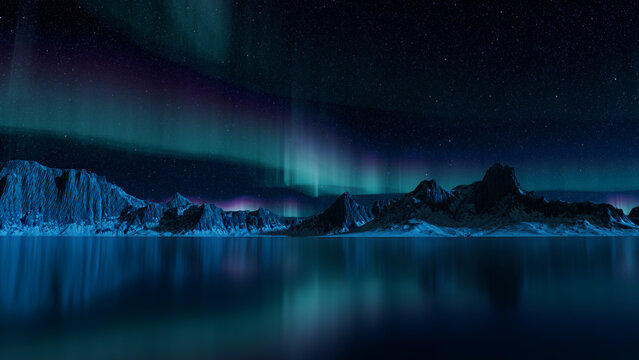 Winter Mountains with Aurora Sky. Blue Night Sky Background with copy-space.