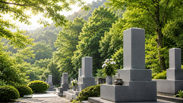 夏の緑に囲まれた日本の霊園と墓地の風景