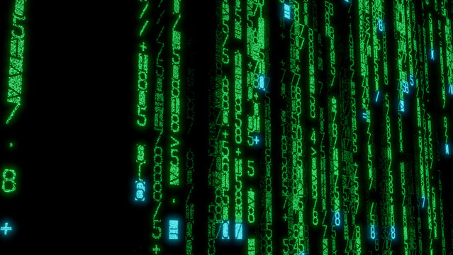 Intricate Text-Based Digital Pattern of Overlapping Green, Blue, and White Characters on Black Background, Perfect for Technology, Coding, and Abstract Art Projects