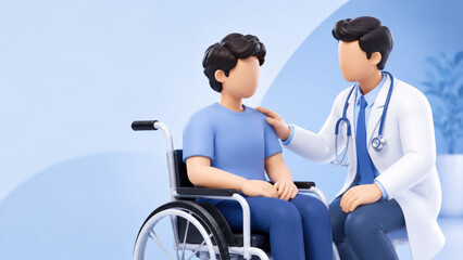 Fototapeta premium Healthcare consultation concept with doctor comforting patient in wheelchair showing care and support during medical consultation in hospital environment