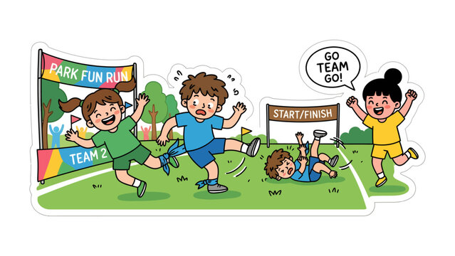 Park Fun Run Chaos: Children stumble and race with laughter during a lively park fun run, with one cheering on their teammate and another playfully tackling.