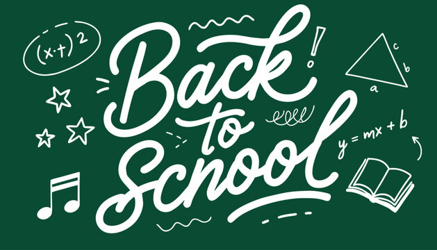 Back to school hand lettering with math formulas, triangle, and open book on green background