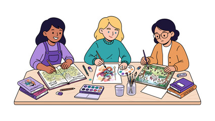 Creative Kids at Art Class: Three young girls engage in a colorful art class, drawing, painting, and creating with watercolors and sketchbooks, fostering imagination and artistic expression.