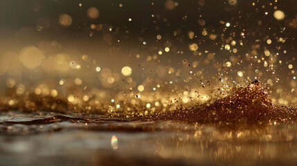 Naklejka premium Abstract golden liquid texture with glowing bubbles and drops