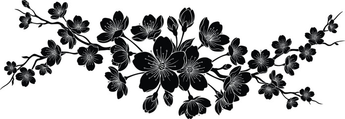 Japanese cherry blossom branch silhouette illustration, monochrome sakura floral design element isolated on white background, oriental spring concept decorative banner © MstSumi