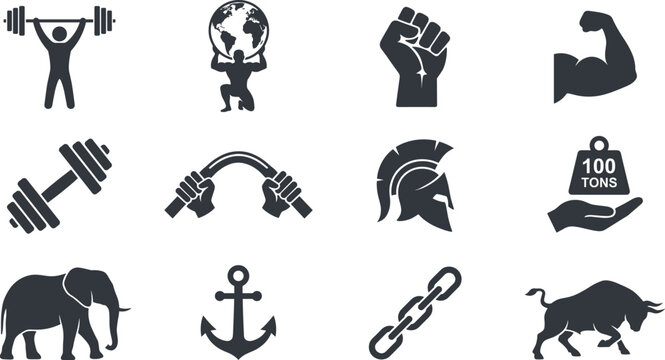 Strength and power icons collection, fitness gym training elements, heavy weight lifting symbols, athletic muscle graphic designs, isolated black silhouette illustrations