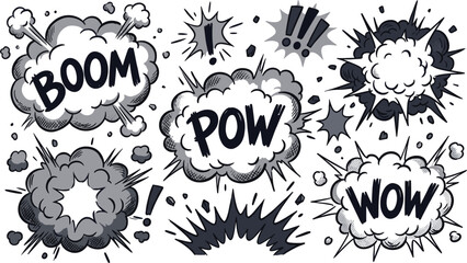 Comic book sound effects vector set with boom pow and wow text on retro speech bubbles blast clouds and vintage explosion elements graphic design © M studio