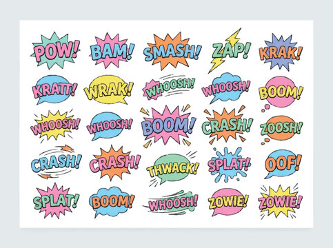 Colorful comic book explosion speech bubbles.