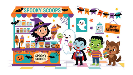 Fototapeta premium Spooky Scoops Halloween Treat Stand: A whimsical illustration of a Halloween-themed ice cream stand, complete with costumed characters like a witch, ghost, vampire, Frankenstein's monster.