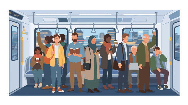 Diverse group of passengers standing and sitting inside a public transport train car.