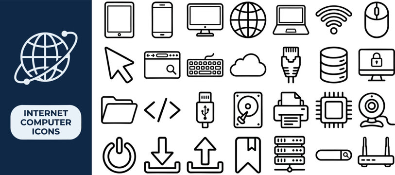 Internet Computer Hardware outline icon set. Featuring tablet, laptop, globe, router, and database symbols. Editable stroke vector icons for IT support portal and device catalog.