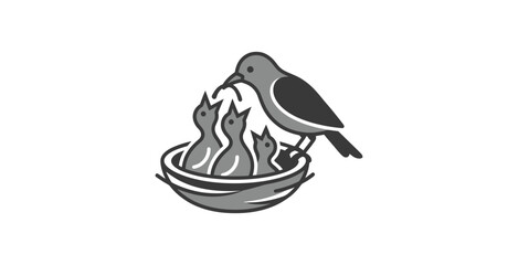 Mother Bird Feeding Chicks Minimalist Vector Illustration © Pak