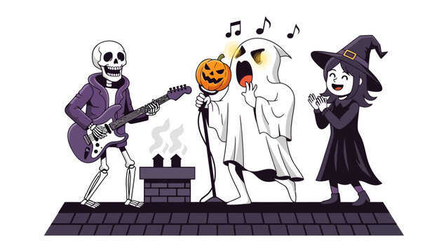 Halloween Band on Rooftop: A spooky skeleton plays guitar, a ghost sings into a microphone with a jack-o'-lantern, and a witch claps along on a rooftop, creating a playful and eerie Halloween scene.