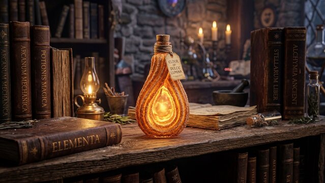 Glowing magic elixir bottle on wooden table in ancient library room