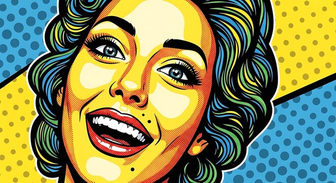 Colorful Pop Art Portrait of Smiling Woman with Bright Expression.